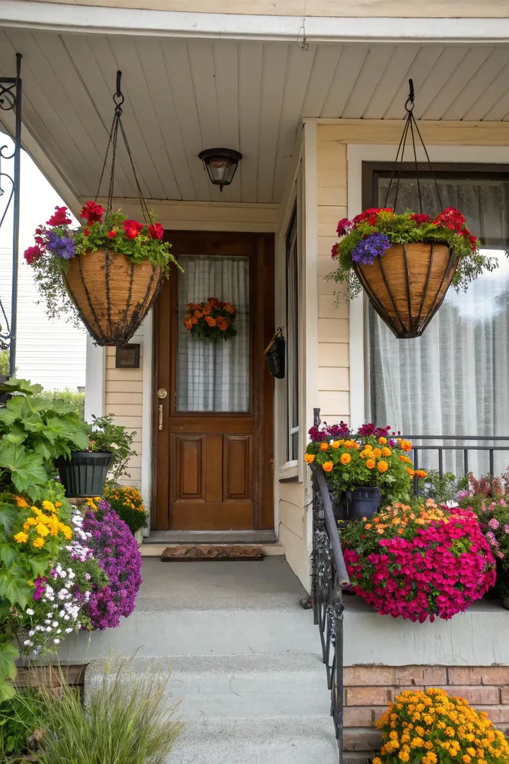 small front porch with three hanging baskets of trailing petunias and fuchsia on swivel hooks
