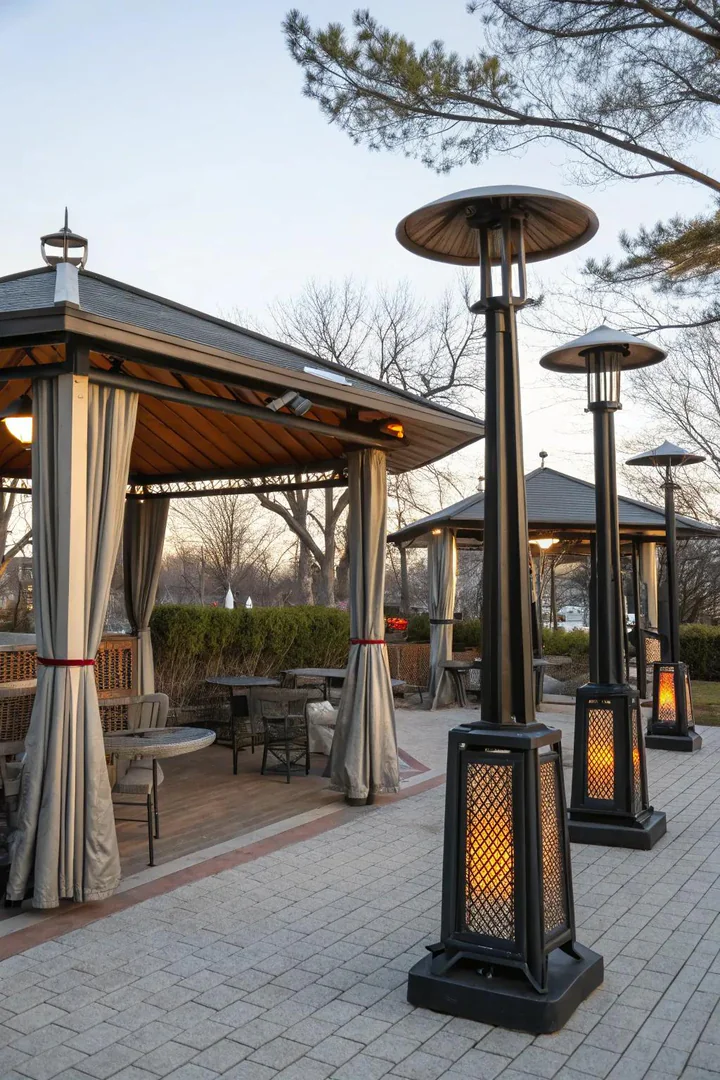 Enclosed pavilion with retractable screen walls and a mounted space heater for year-round use