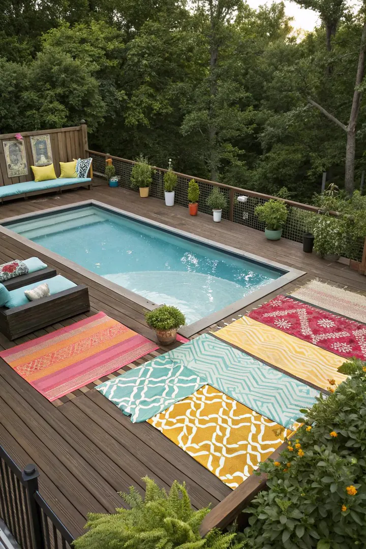 above-ground pool deck with a colorful outdoor rug and lounge chairs on the sunbathing area