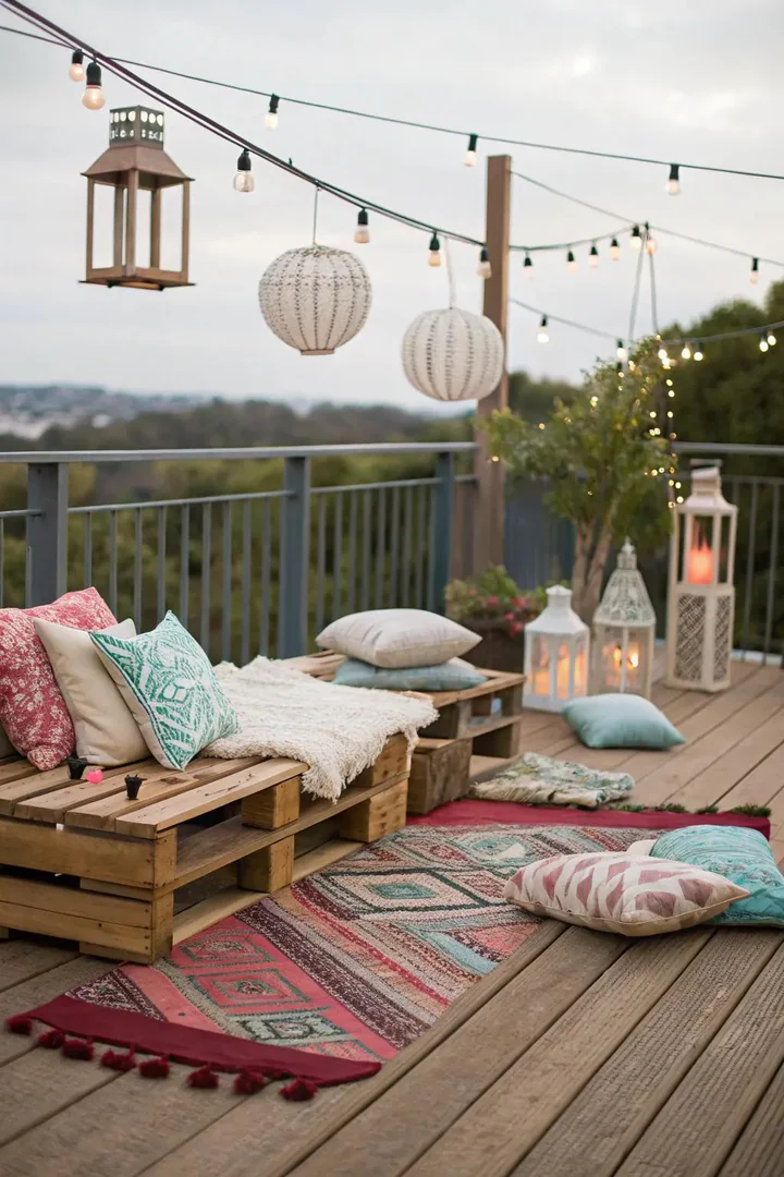 Decorated deck with outdoor artwork, a colorful rug, and eclectic accessories on a wooden surface