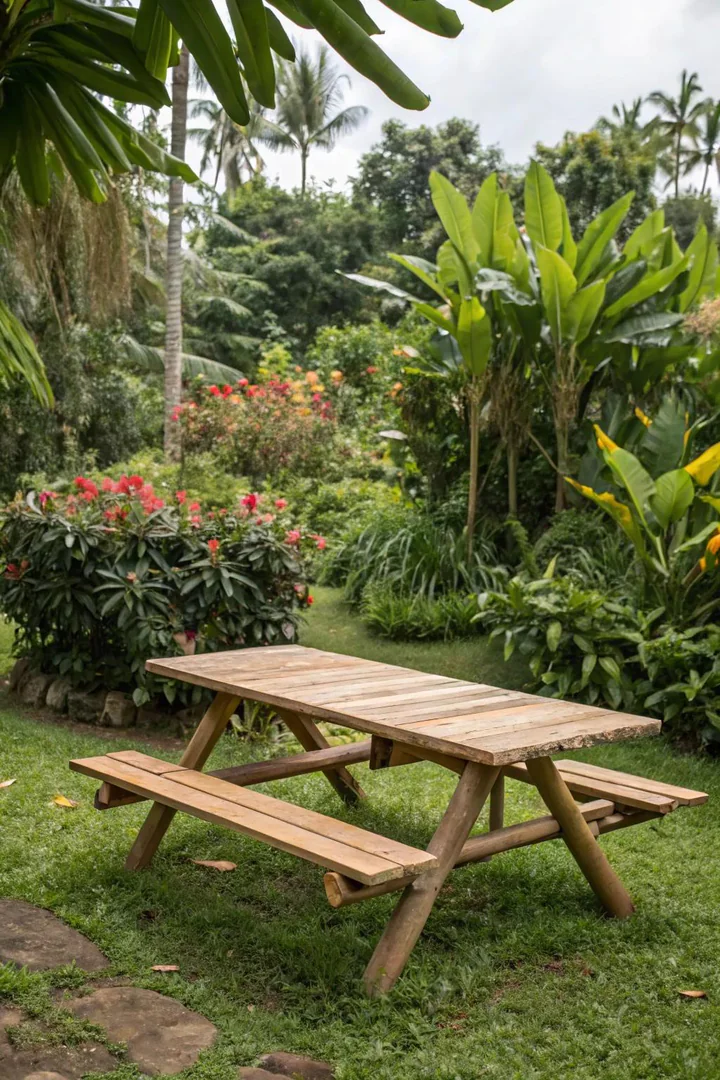 natural bamboo pole picnic table with lashed rope joints on a tropical garden patio