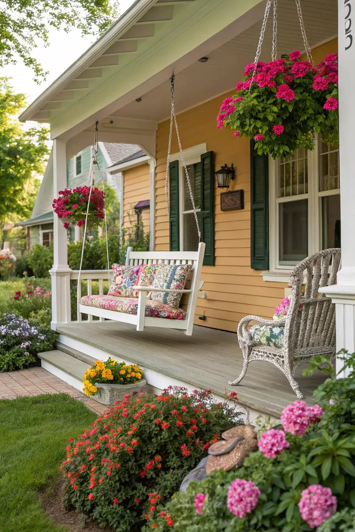 Front porch with a coordinated paint scheme using complementary colors on the door, ceiling, and floor