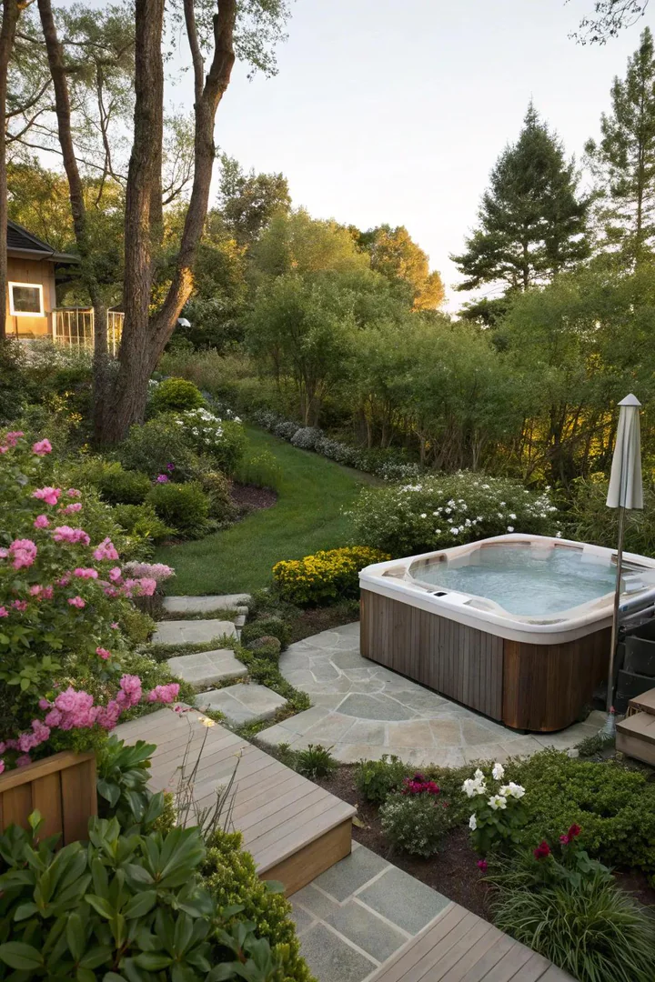 Hot tub blended into an existing garden with surrounding shrubs and perennials