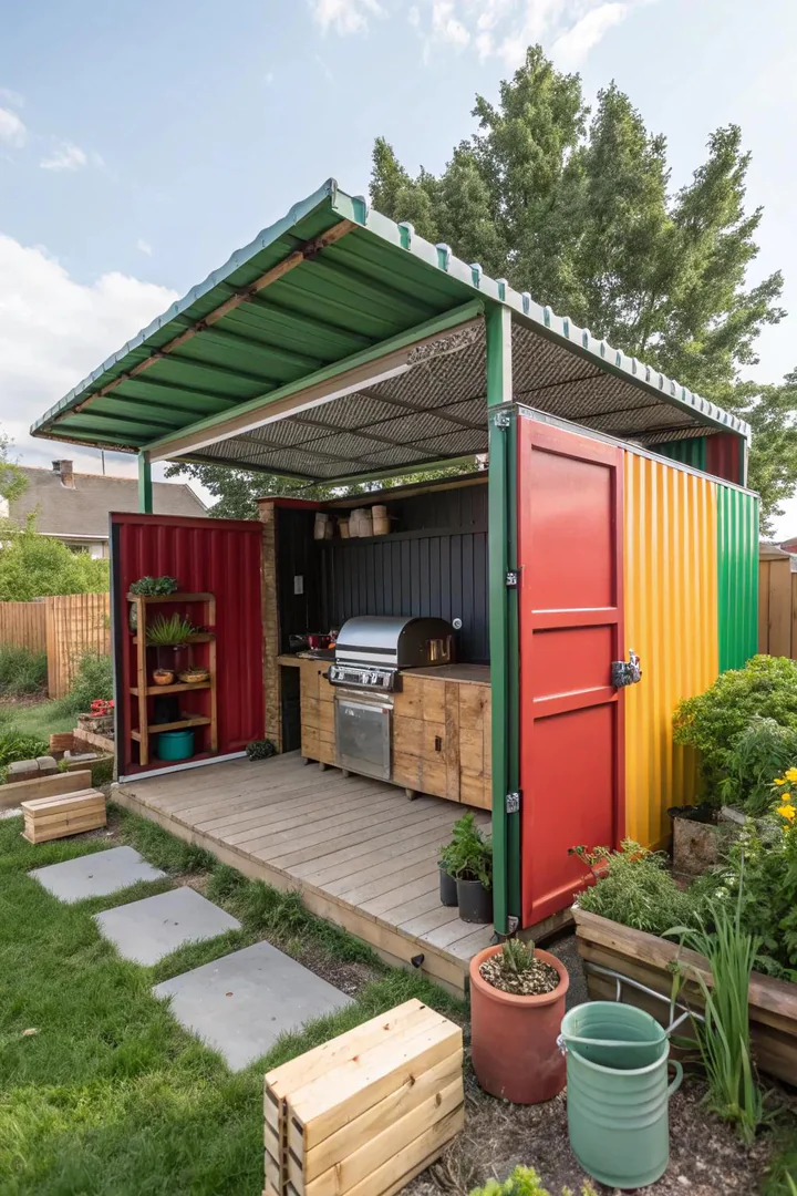 cut-open shipping container converted into an outdoor BBQ shelter and bar