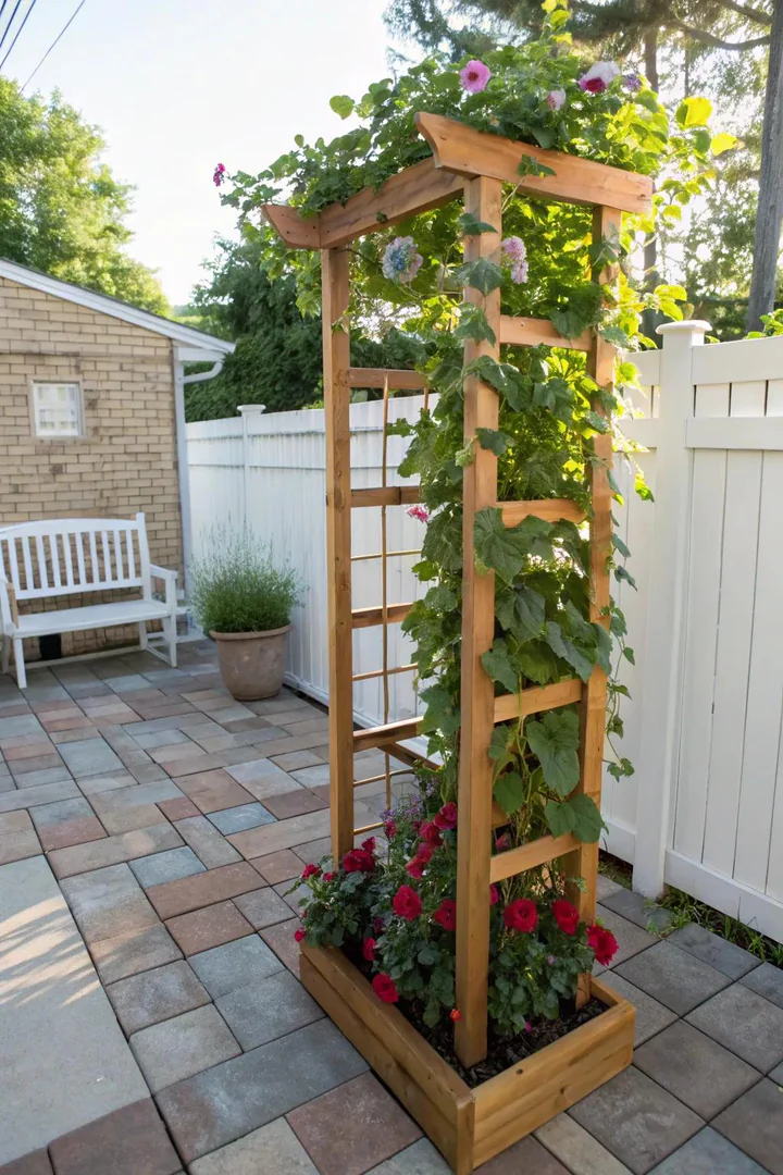 Wooden trellis panel with attached planter boxes for climbing and potted plants