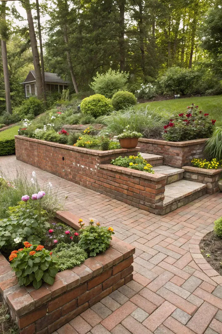 small brick patio with three-tiered raised planting beds built from matching brick along one side