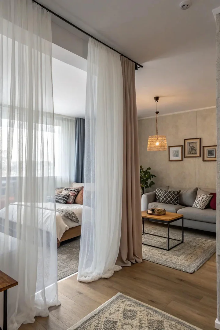 Curtain dividers offer a versatile and stylish way to separate your living and sleeping spaces.