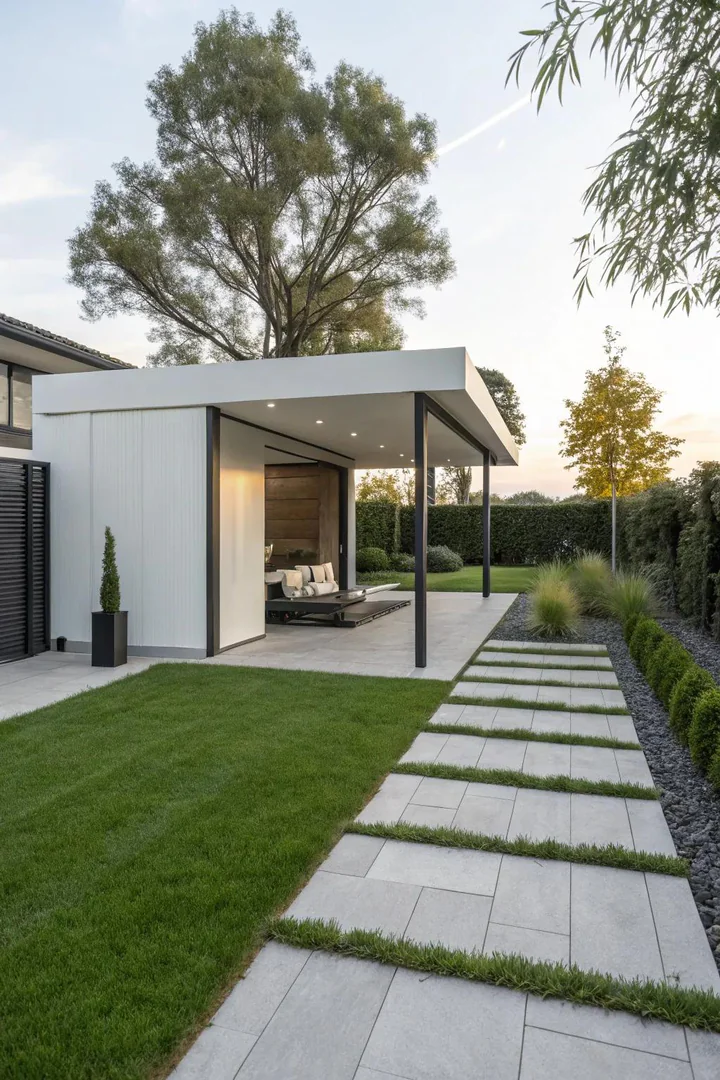 White vinyl pavilion with clean lines and a flat roof panel in a modern backyard