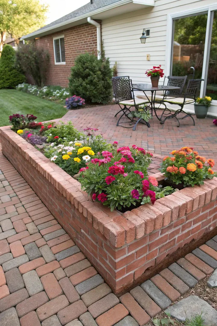 Elevate your garden design with a brick patio and raised garden beds.