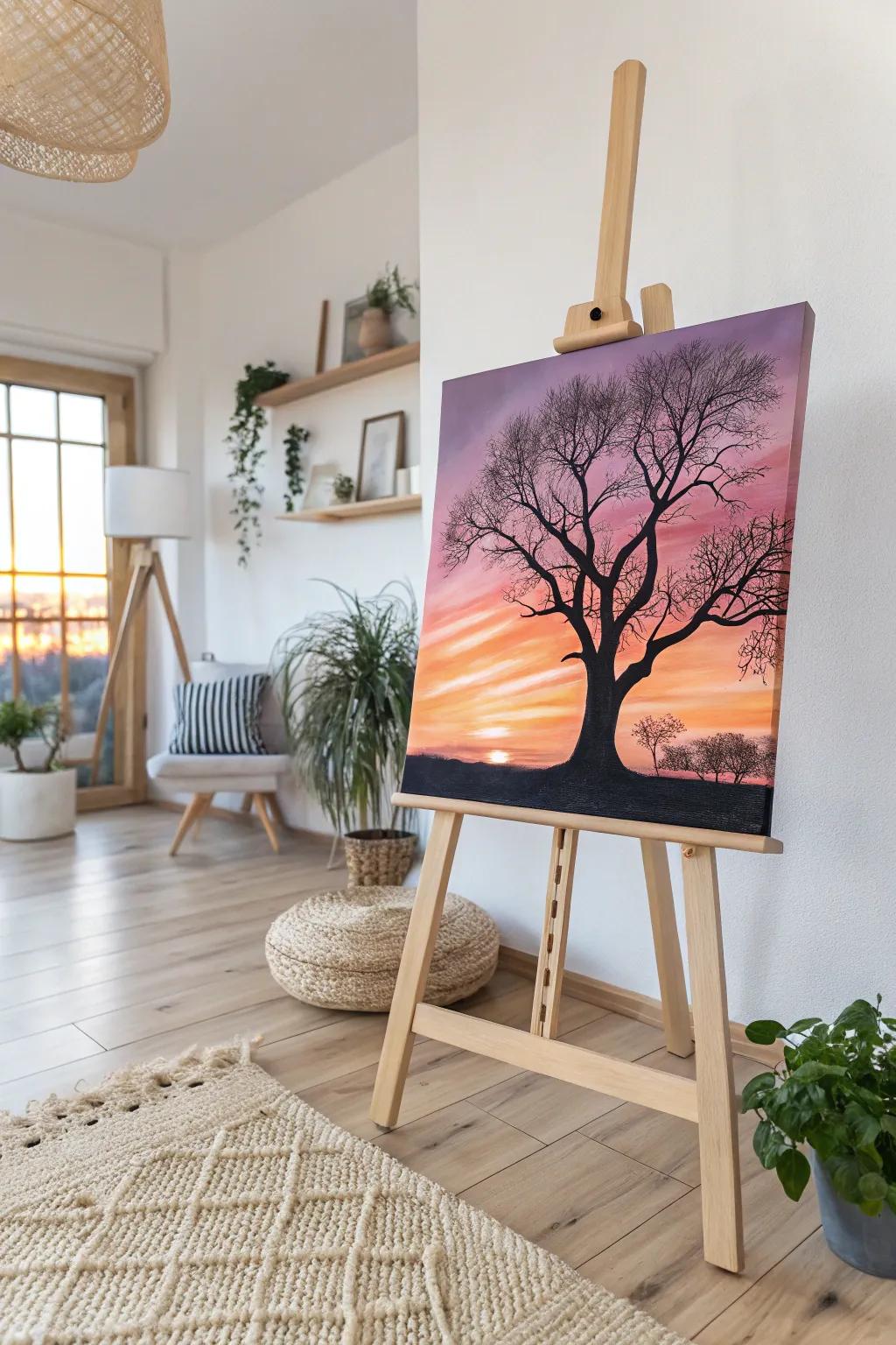 Embrace natural elegance with a serene tree silhouette painting, bringing the beauty of a sunset into your living space.