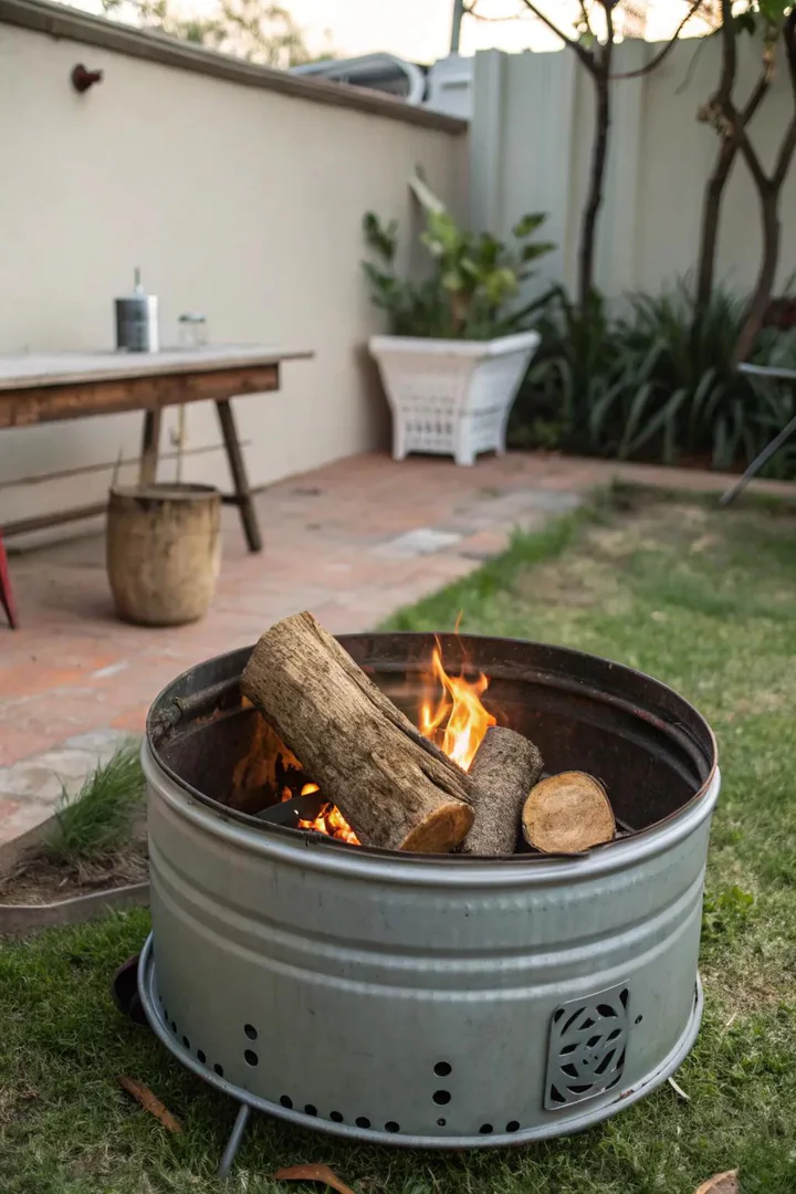 Stainless steel washing machine drum used as a DIY fire pit with flames visible through holes