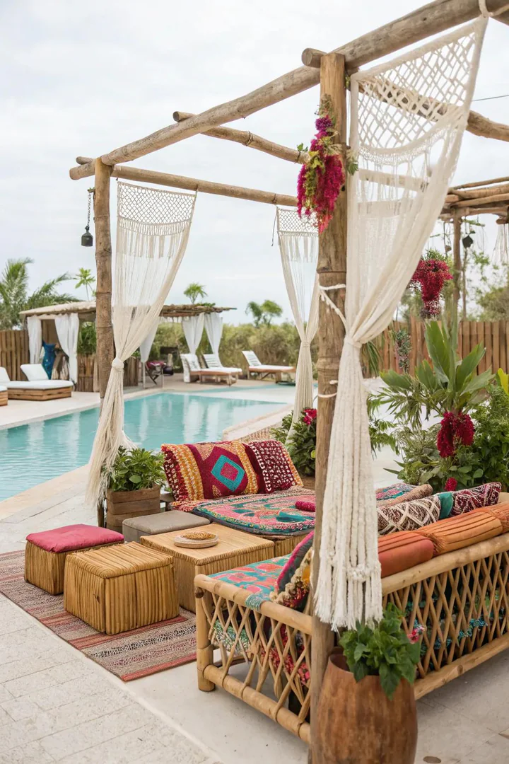 Boho-style pool cabana with macrame curtains, floor cushions, and hanging plants