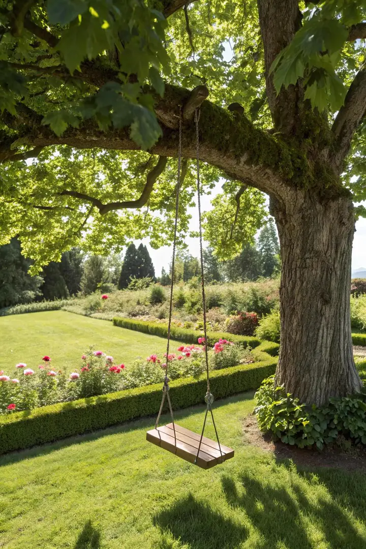 single rope swing hanging from a thick horizontal oak tree branch over a grass clearing