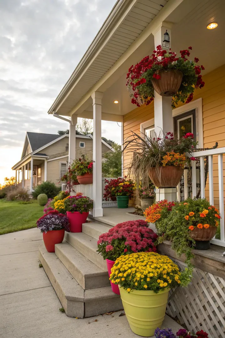 Bright glazed ceramic planters in yellow, blue, and red flanking a front door