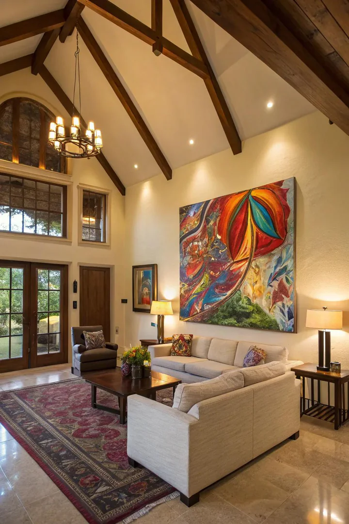 Tall artwork brings a gallery feel to high-ceilinged living spaces.