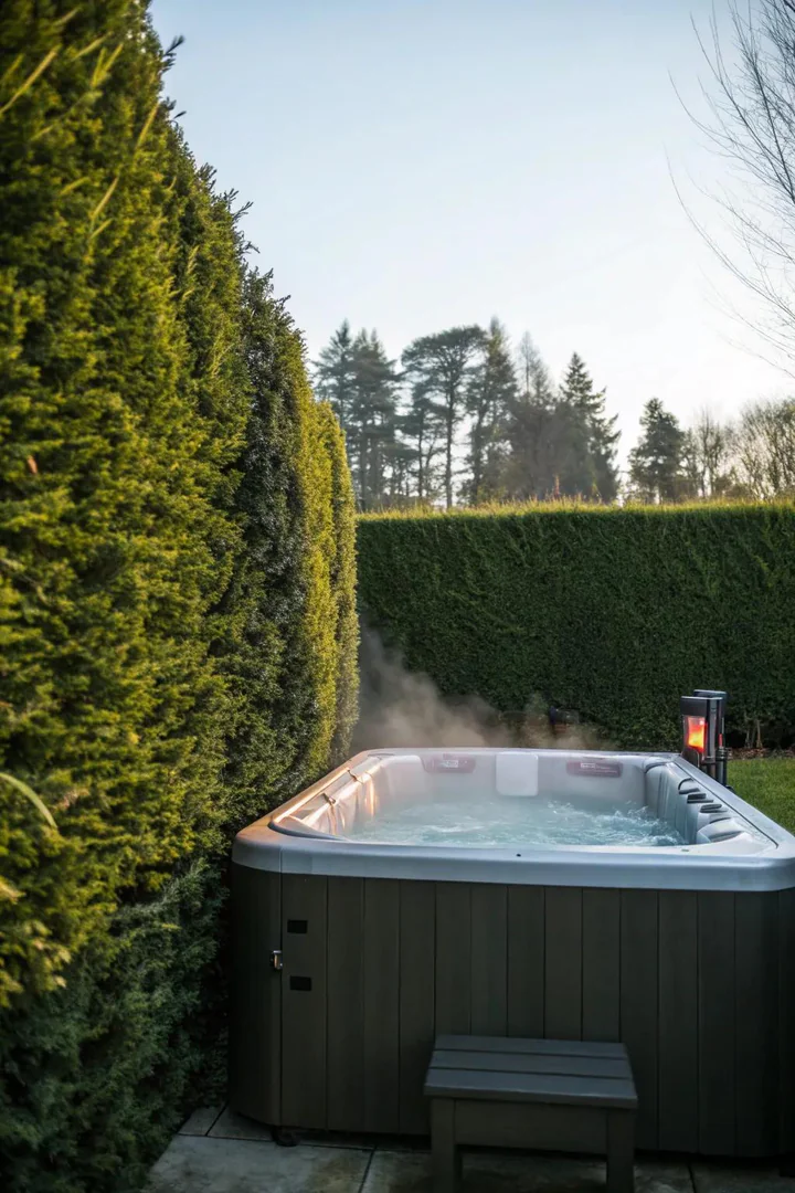 Dense evergreen hedge surrounding a hot tub area for year-round privacy