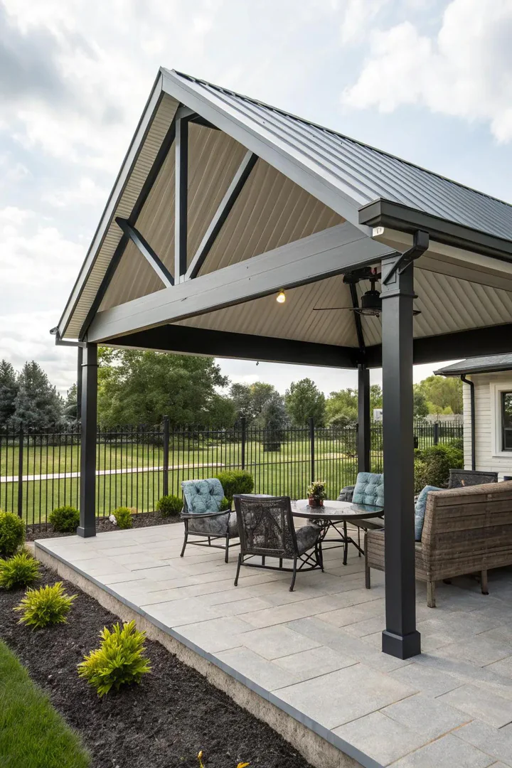 gable-style metal roof patio cover with ridge cap and matching fascia