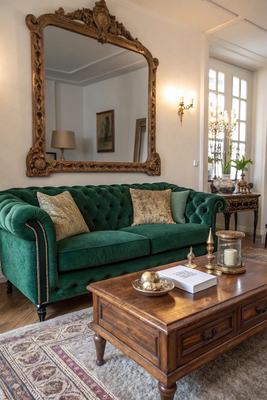 Velvet furniture adds a luxurious touch to the gothic living room.