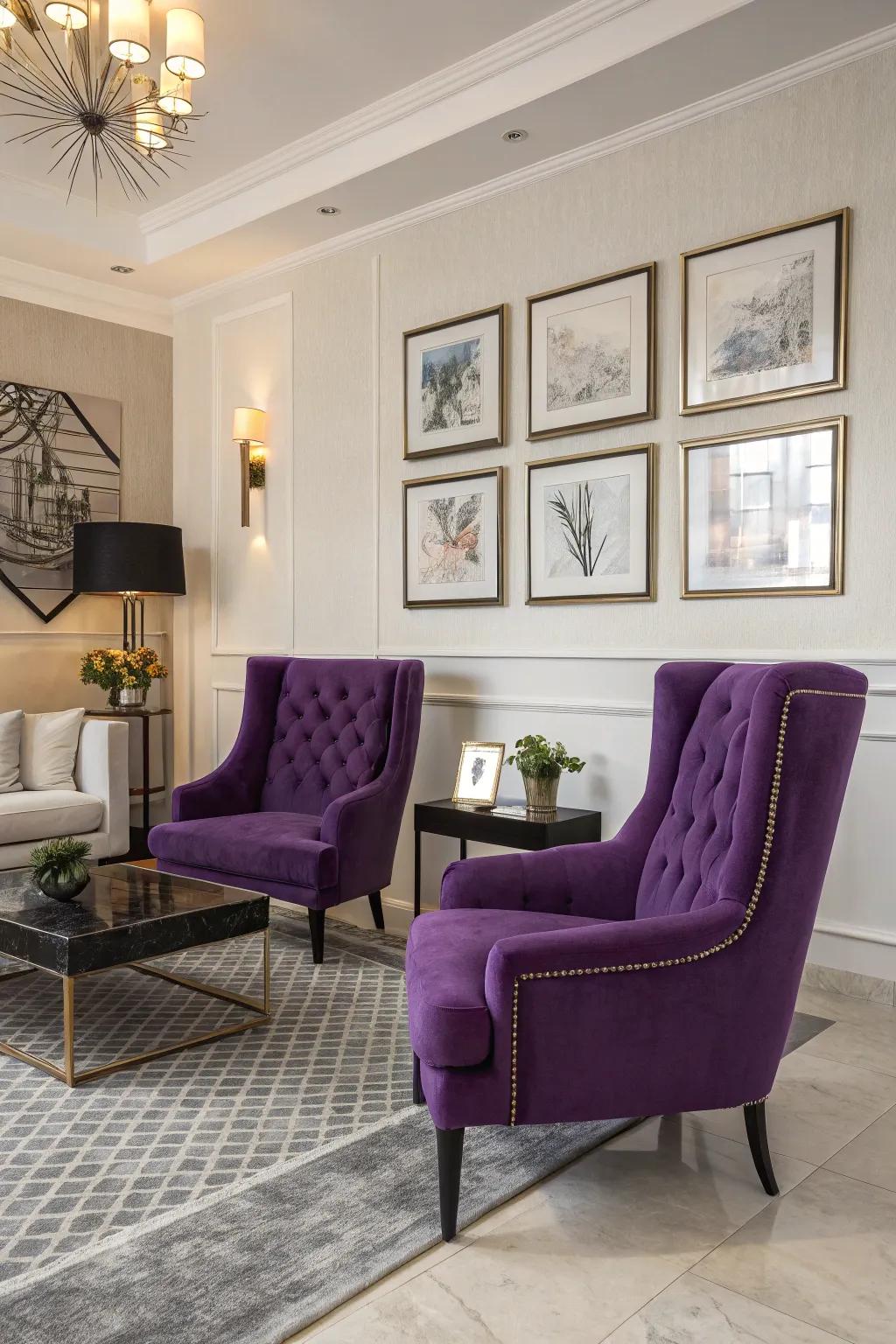 Regal purple accent chairs adding sophistication to a living room.