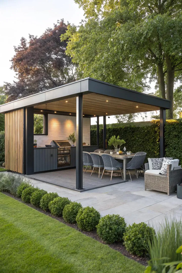 small garden building with open front wall used as a BBQ cooking shelter