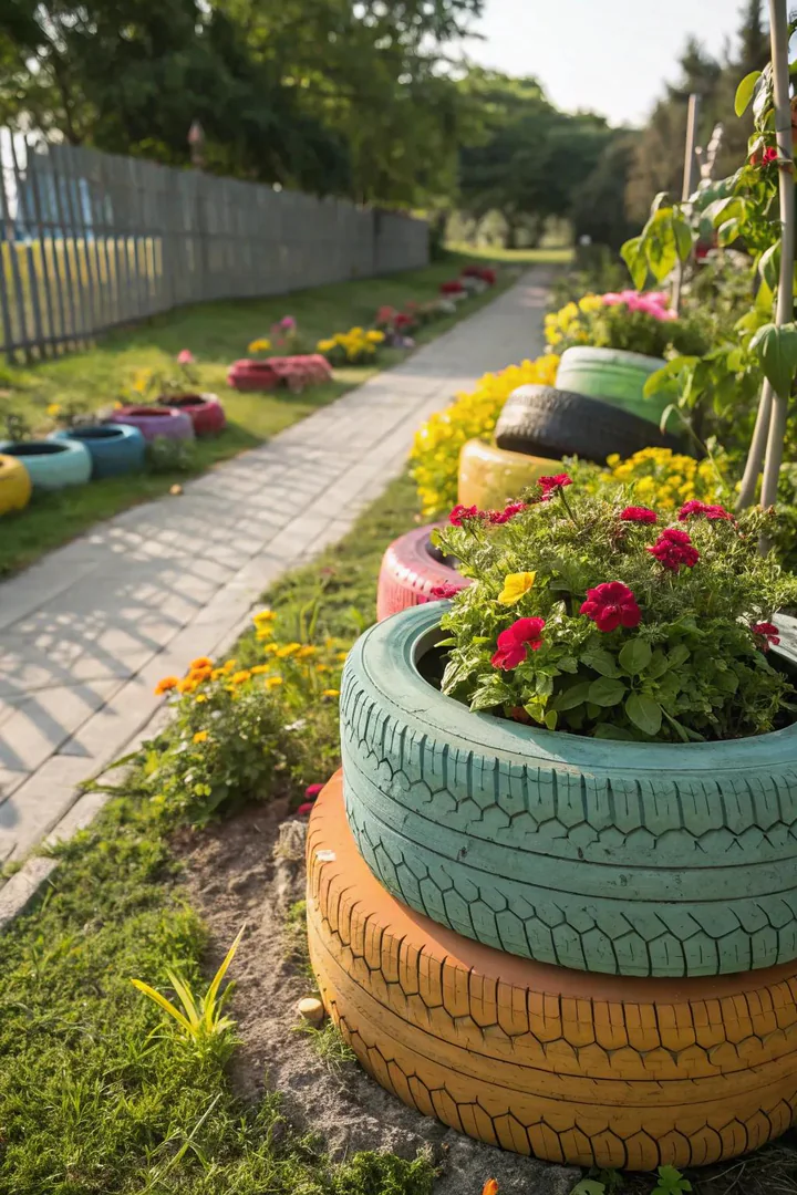 Stacked painted tires used as colorful outdoor plant stands