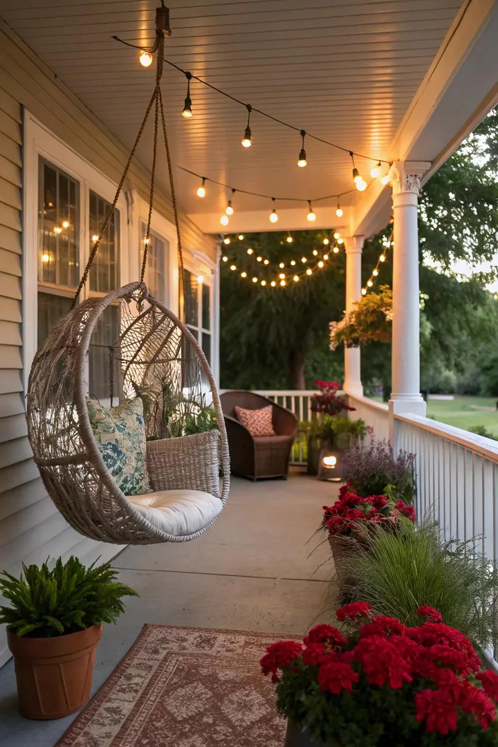 macrame hanging egg chair suspended from a porch ceiling beam with outdoor cushion
