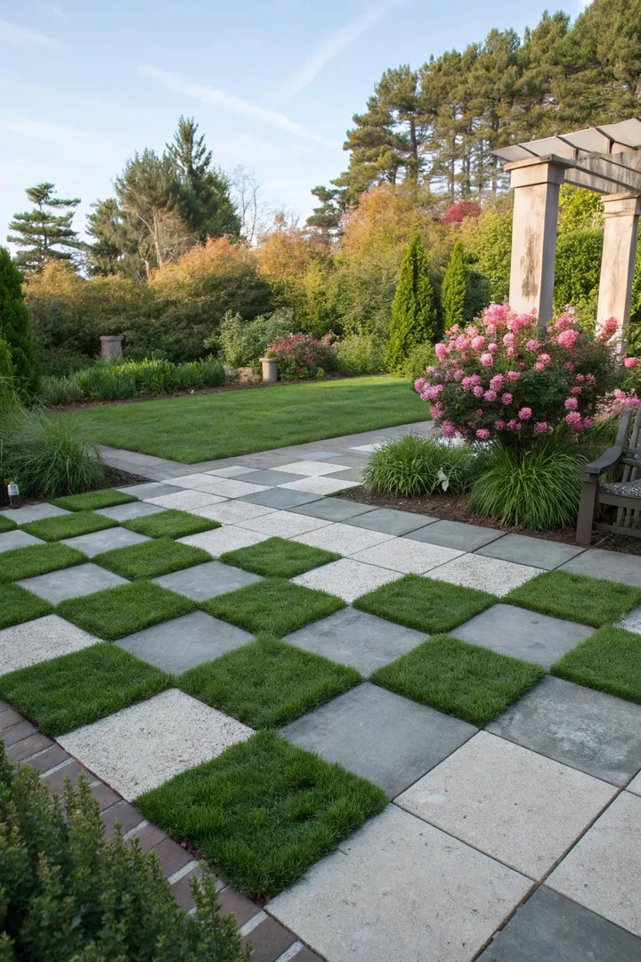 alternating square concrete pavers and grass squares forming a green checkerboard patio