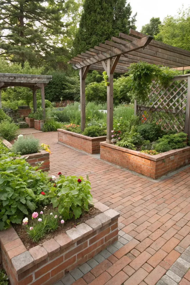 raised brick patio platform surrounded by flower beds at different heights with stone retaining walls