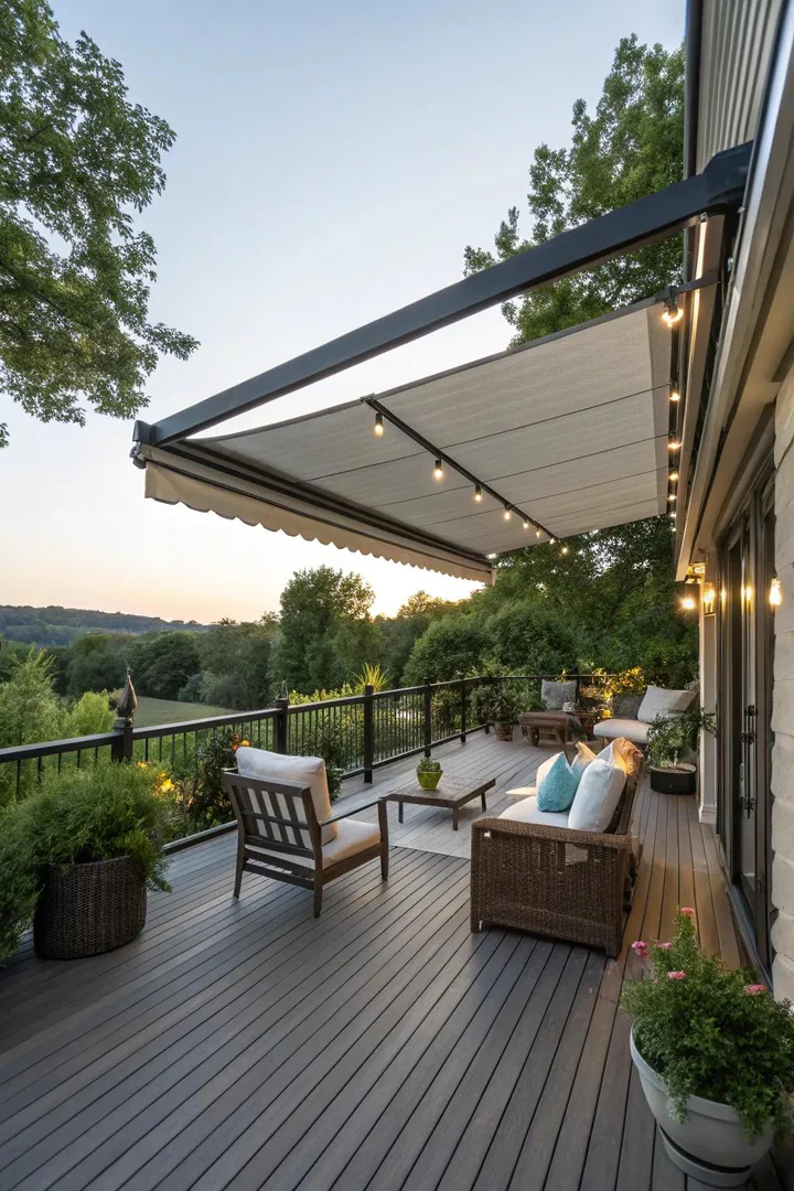 Retractable awning extended over a deck providing shade over a dining area with outdoor furniture