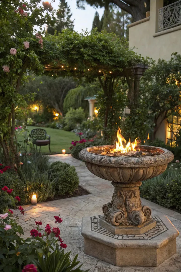 Concrete bird bath bowl converted into a tabletop fire pit with flames in the basin