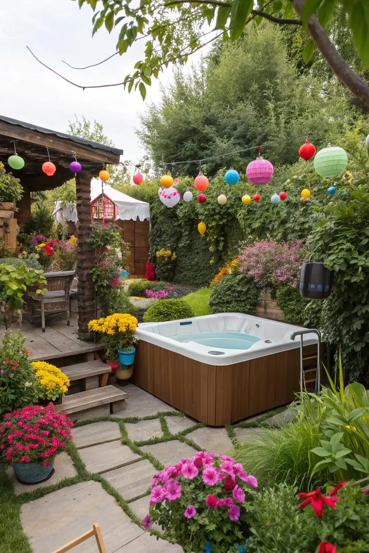 Colorful flowering plants and ornamental containers surrounding a hot tub