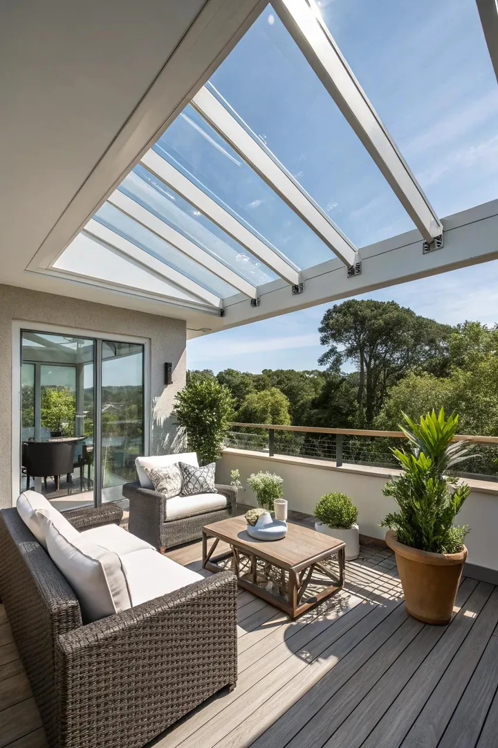 A skylight enhancing the airy and open feel of a high deck.