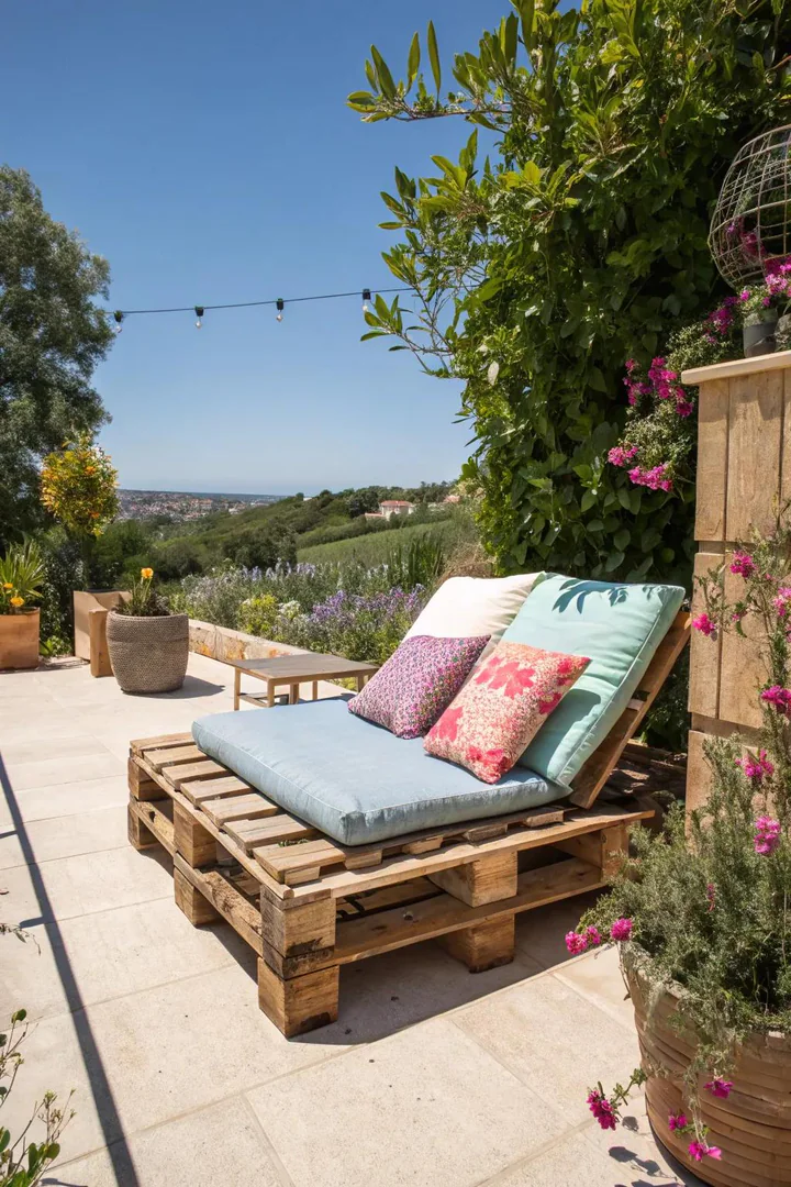Flat pallet sun lounger with wheels and an adjustable headrest in a sunny garden