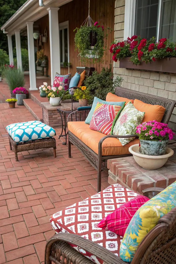 red brick patio with bright yellow and blue painted accent bricks forming a decorative border stripe