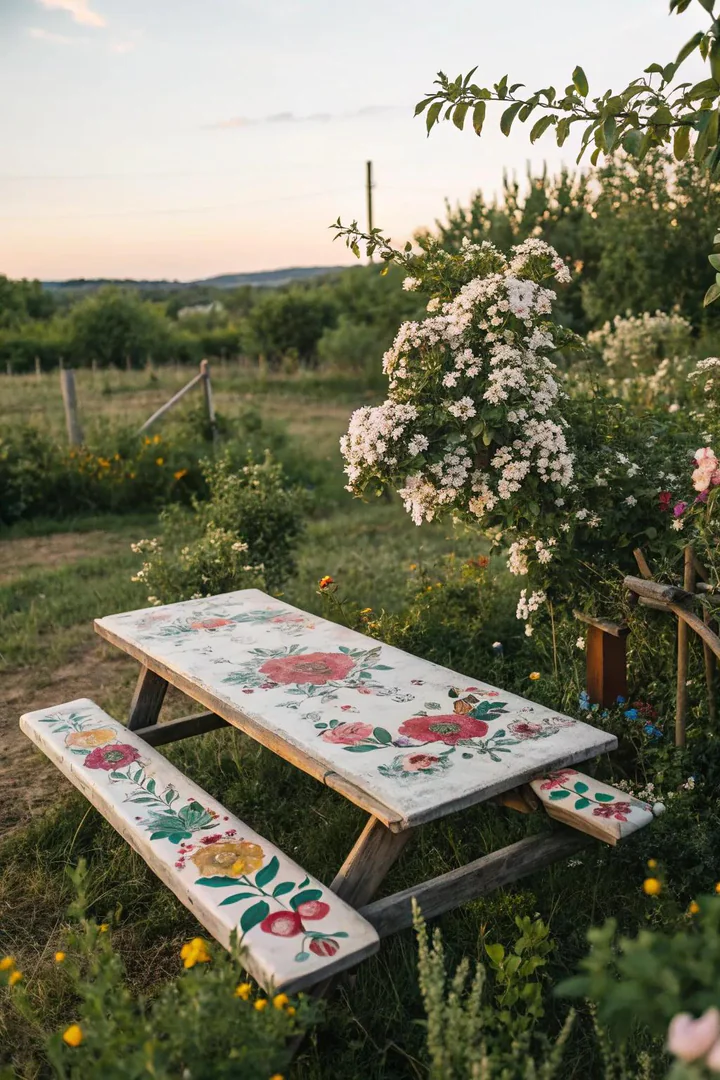 vintage painted picnic table in sage green with distressed edges and stenciled floral patterns