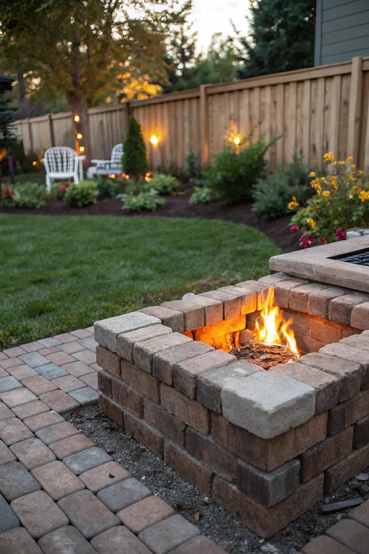Brick fire pit with gaps between bricks allowing flames to peek through the walls