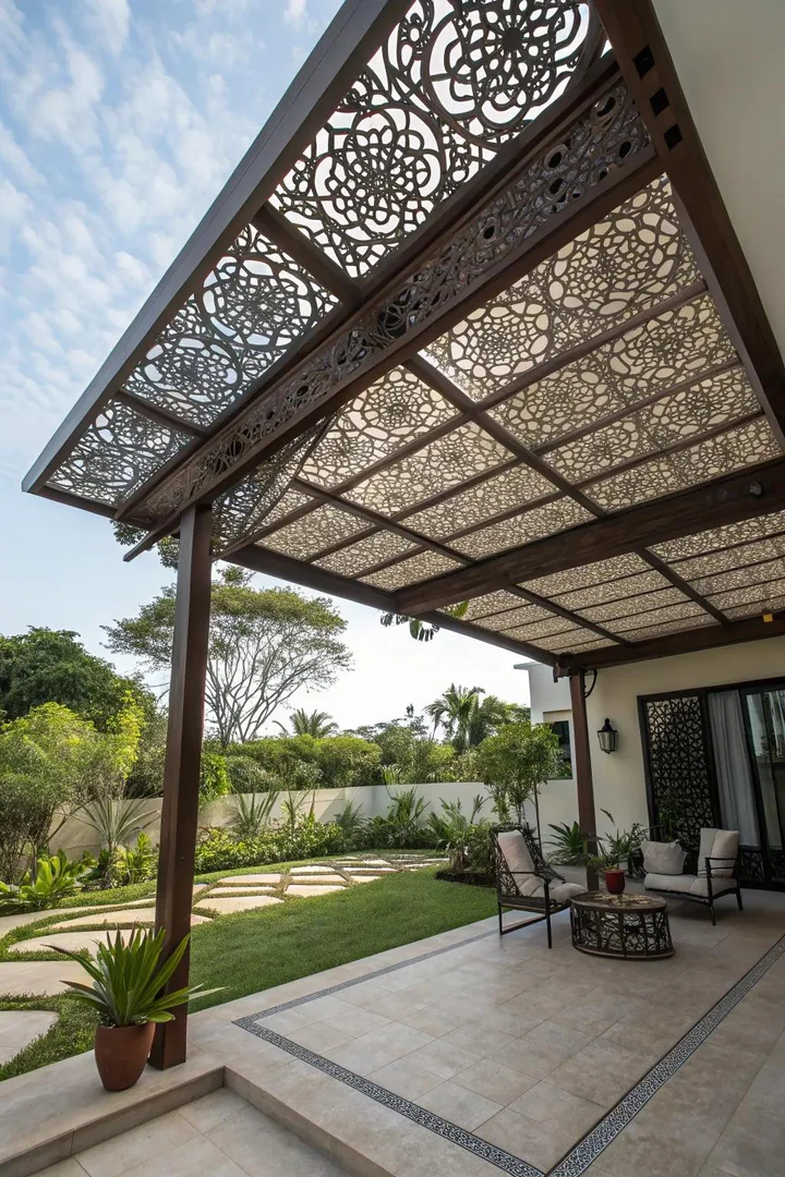 decorative laser-cut metal roof panels casting shadow patterns on a patio floor