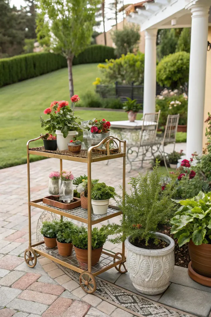 Bar cart rolled onto a patio and used as a mobile plant display station