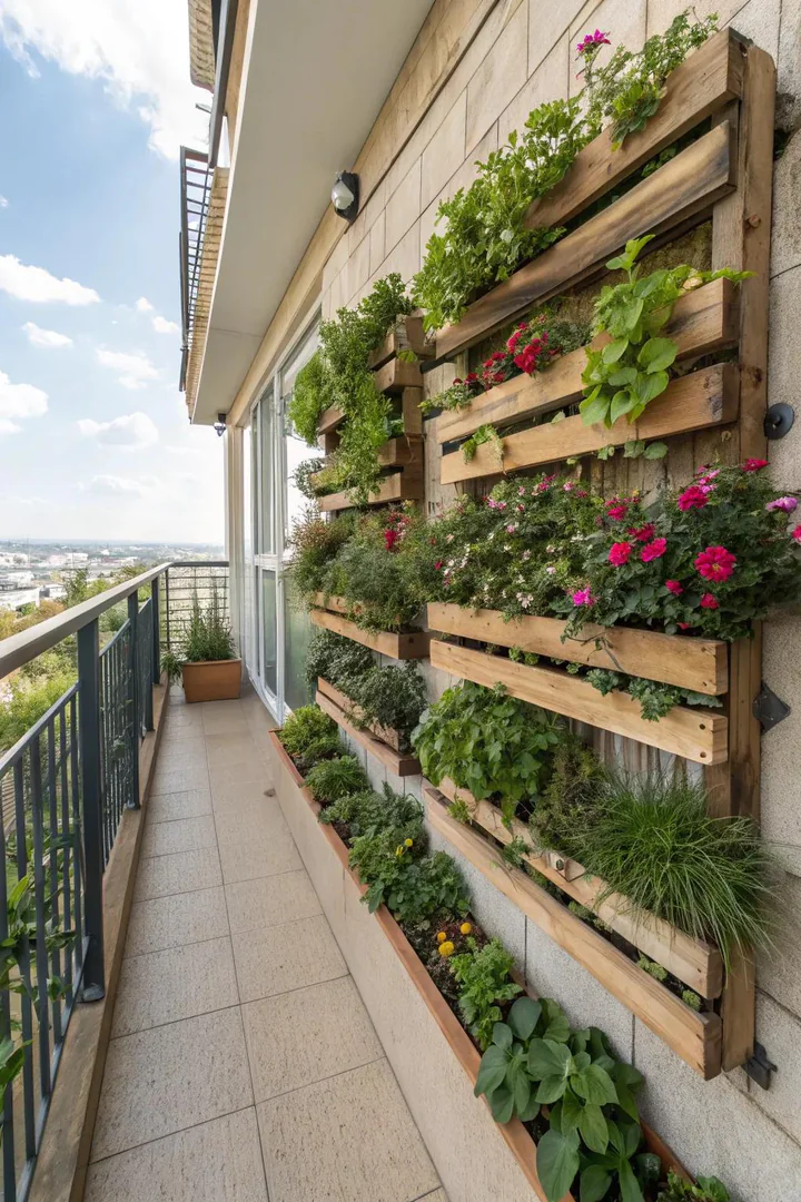 Vertical pallet garden leaning against a wall with plants growing between the slats
