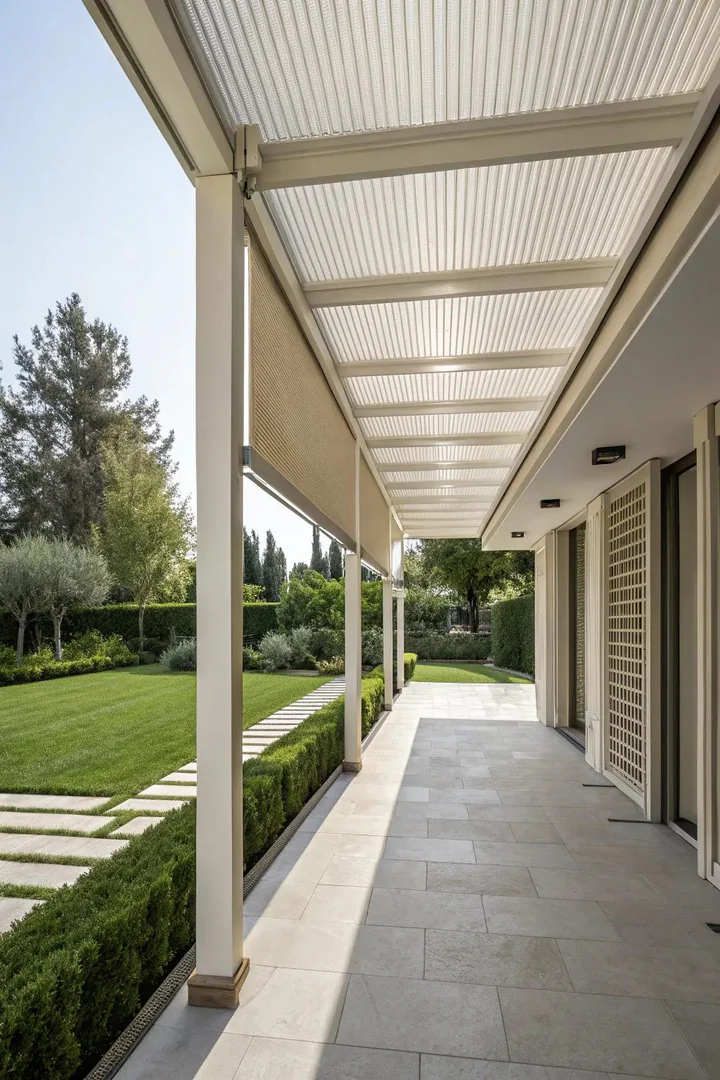Modern pergola with integrated blind channels built directly into the aluminum frame
