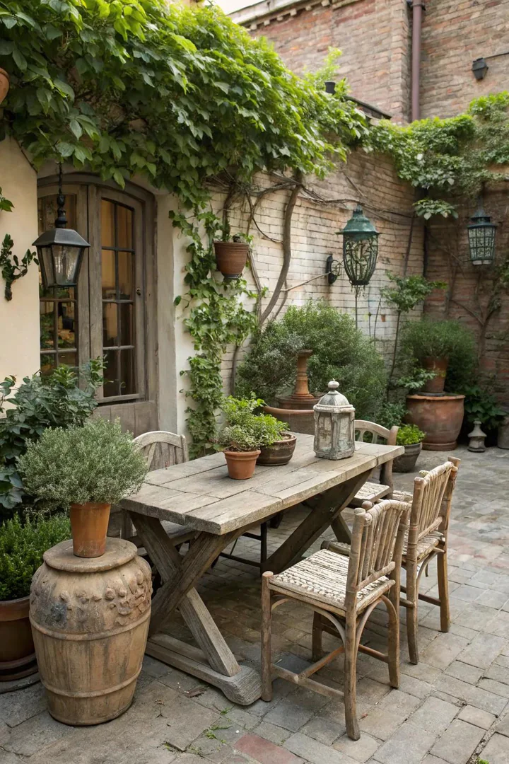 Rustic elements add charm and warmth to this courtyard patio.