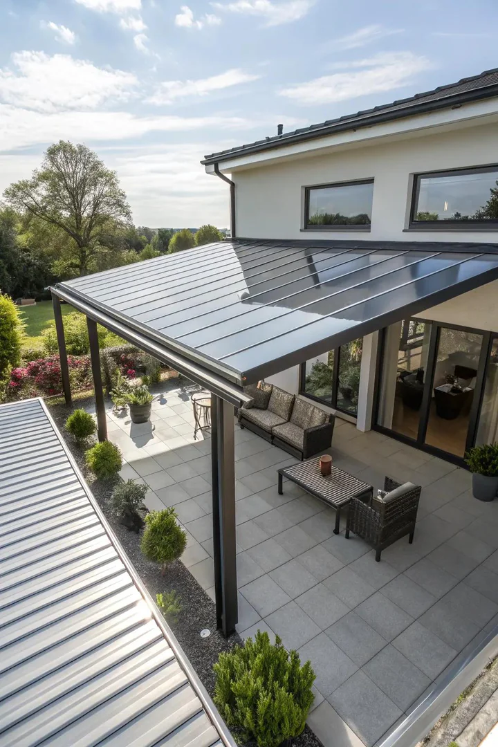 bright white reflective metal roof over a patio reflecting sunlight away from the seating area