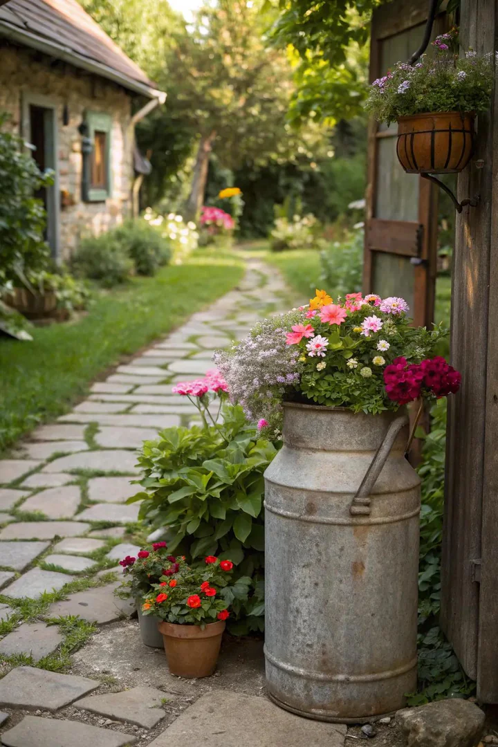 Vintage milk churn used as a tall planter pedestal beside a front door