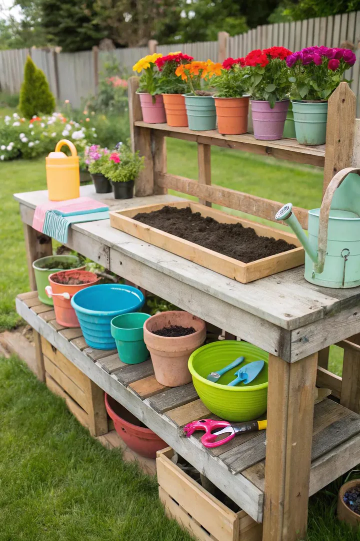 Pallet potting bench with a work surface, lower shelf, and tool hooks