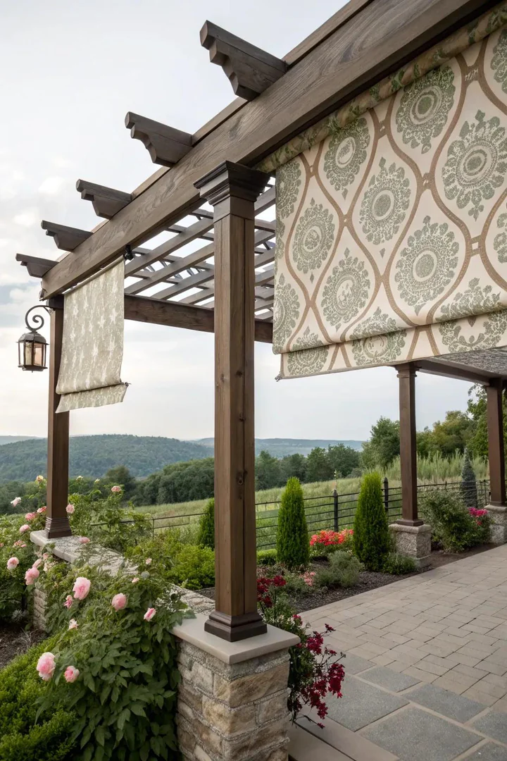 Custom-printed pergola shade fabric with a colorful geometric pattern on a roller blind
