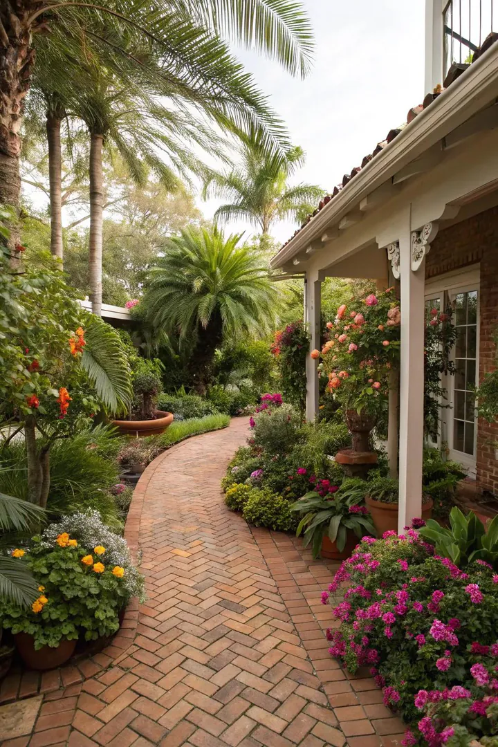 small brick patio surrounded by banana plants, bird of paradise, and tall bamboo screening
