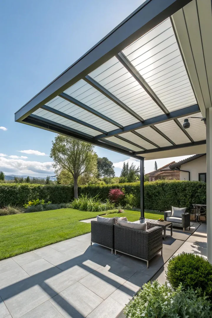 patio with a geometric folded-plate metal roof creating angular peaks and valleys