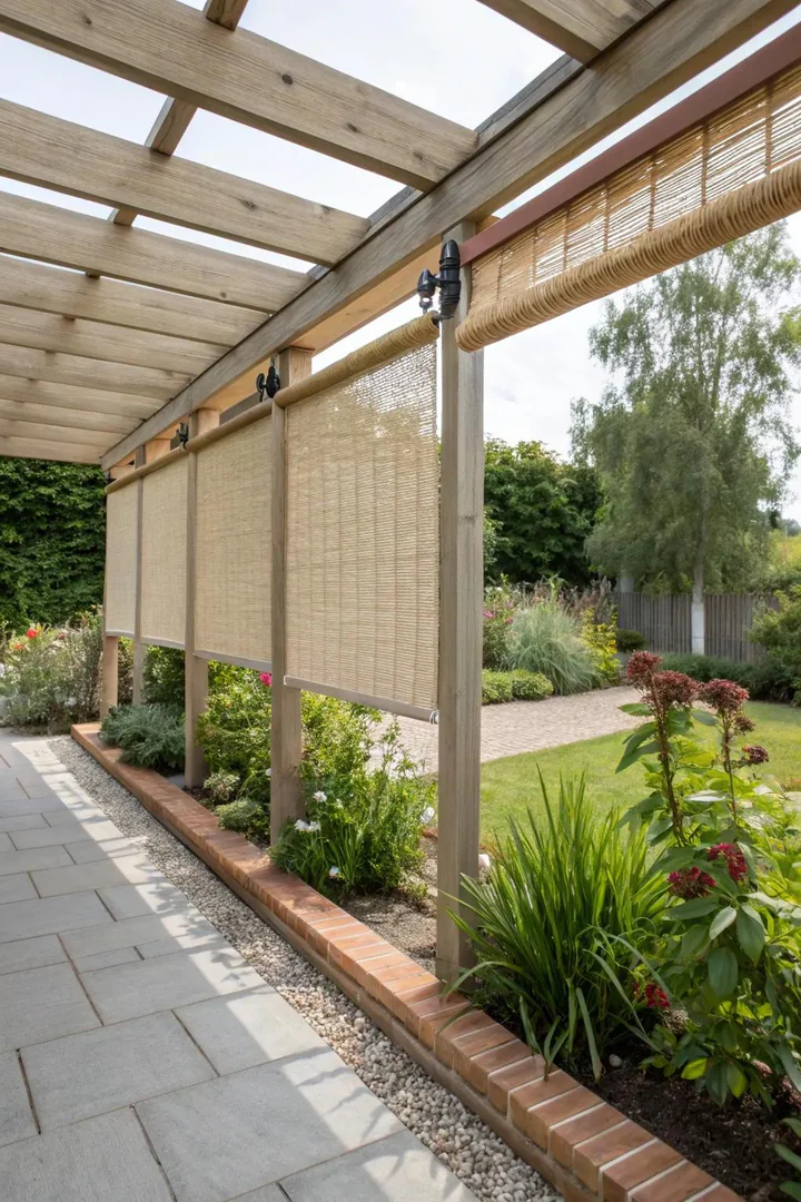 Bamboo roll-up blinds mounted to a pergola with hemp cord ties for an eco-friendly shade solution