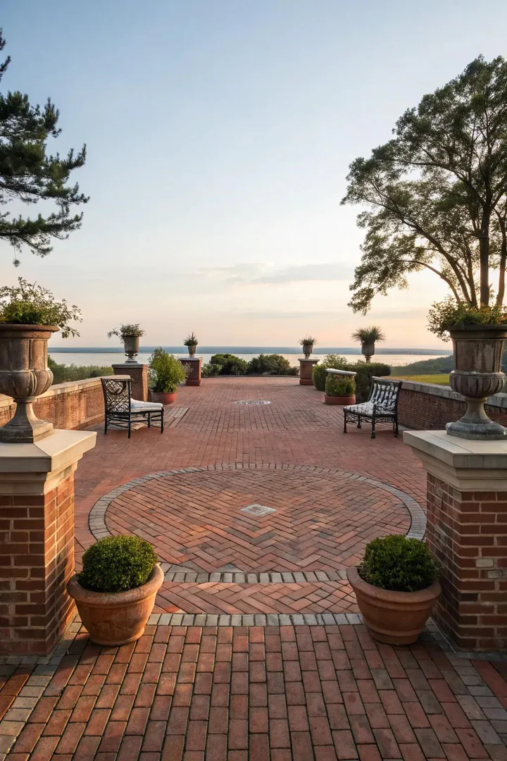 symmetrical brick patio with matched planters, benches, and topiaries on both sides of a center axis