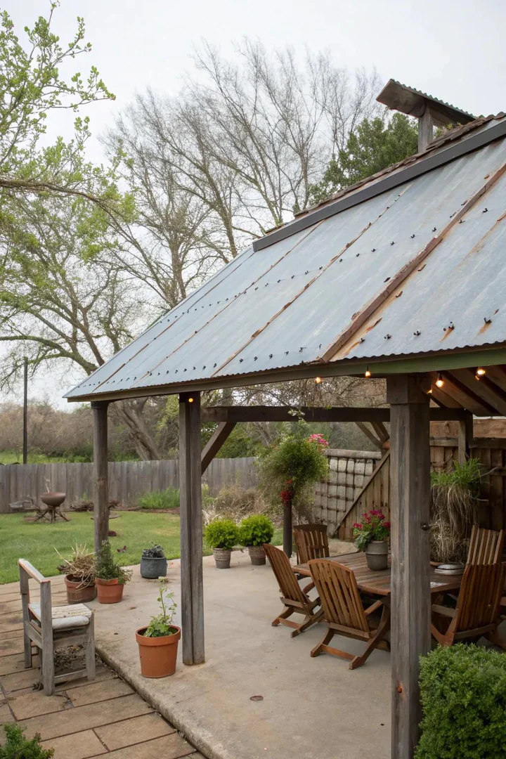 weathered Corten steel metal roof over a rustic patio with rust-orange patina